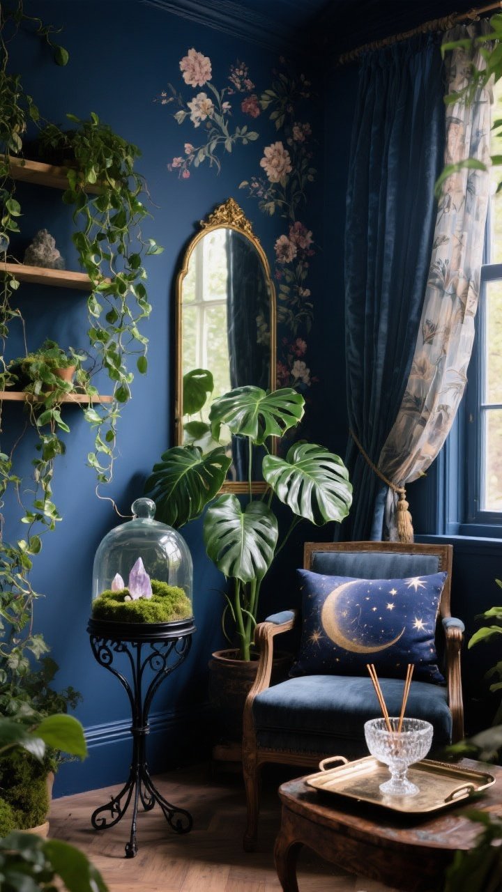 Corner angle, medium-wide: An enchanted indoor garden against inky blue walls with dark floral wallpaper on one accent panel. Trailing vines (pothos and ivy) cascade from shelves, a sculptural monstera and rubber plant anchor the scene, and a glass terrarium with moss and small crystals sits on a blackened iron plant stand. Celestial motif pillow on a chair, layered sheers under heavy blackout drapes, and a gilded arched mirror bouncing soft light. A vintage tray near a window holds a crystal bowl and incense. Atmosphere is fairytale moody with gentle, warm illumination. Photorealistic, no people.