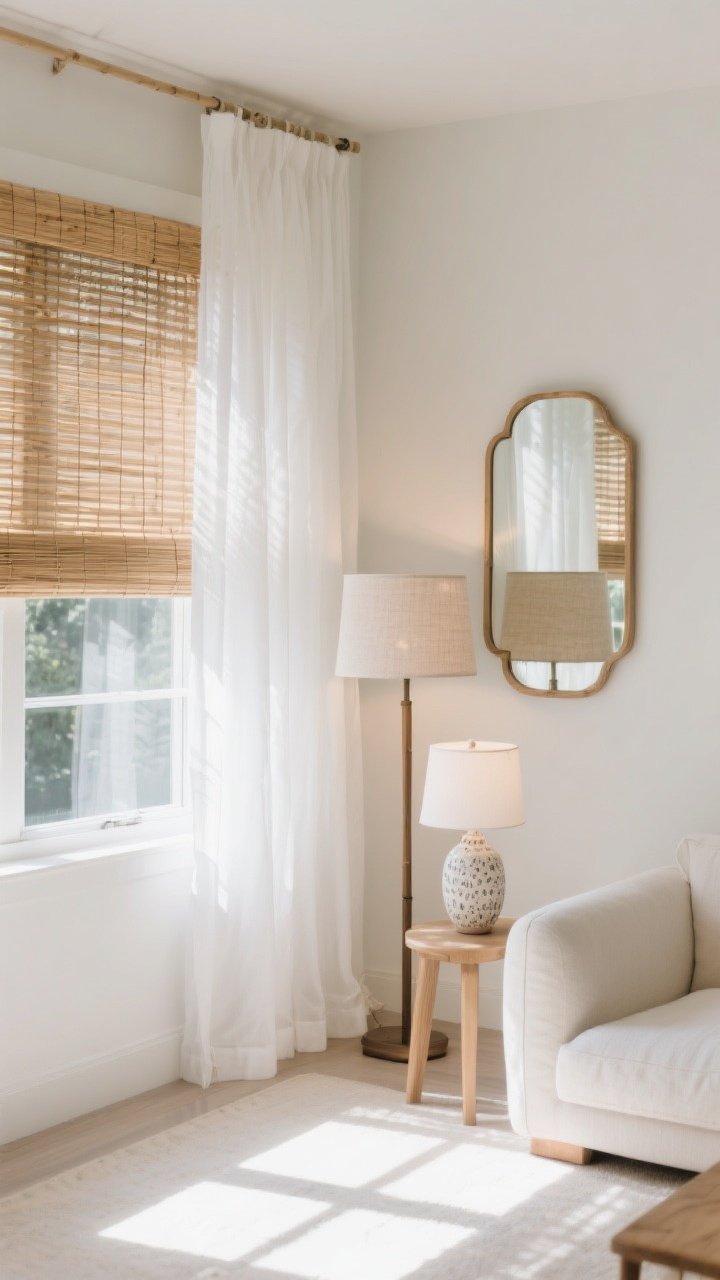 Corner angle medium-wide of a bright living room showcasing sheer white curtains filtering sunlight, bamboo shades half-lowered, a mirror hung opposite a window reflecting light, floor lamp with a linen shade and a small ceramic table lamp adding warm white glow (2700–3000K); airy, sunlit atmosphere with soft shadows