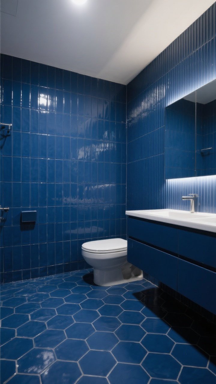 Corner medium shot: A small bathroom in a monochrome ink blue palette, mixing textures and shapes—matte ink blue hex tiles on the floor with tone-on-tone grout, glossy ink blue subway tiles on the walls, and a ribbed accent tile panel beside the vanity; soft, layered lighting (dim-to-bright LEDs) skims across surfaces to reveal texture while keeping the space calm and cohesive.