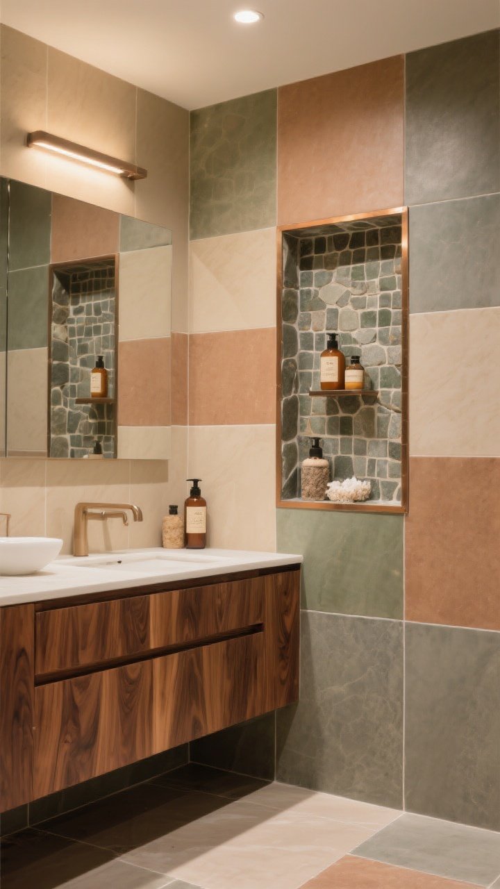 Corner medium shot: Designer-mix of earth-tone porcelain tiles on walls and floor—sand, clay, and mossy gray—limited to three tones for cohesion. A warm walnut vanity with rich grain, and a stone mosaic niche styled with artisan soap bottles and bath salts. Thin metal trim in brushed bronze defining clean transitions. Warm 2700–3000K lighting that makes the walnut glow naturally, photorealistic.
