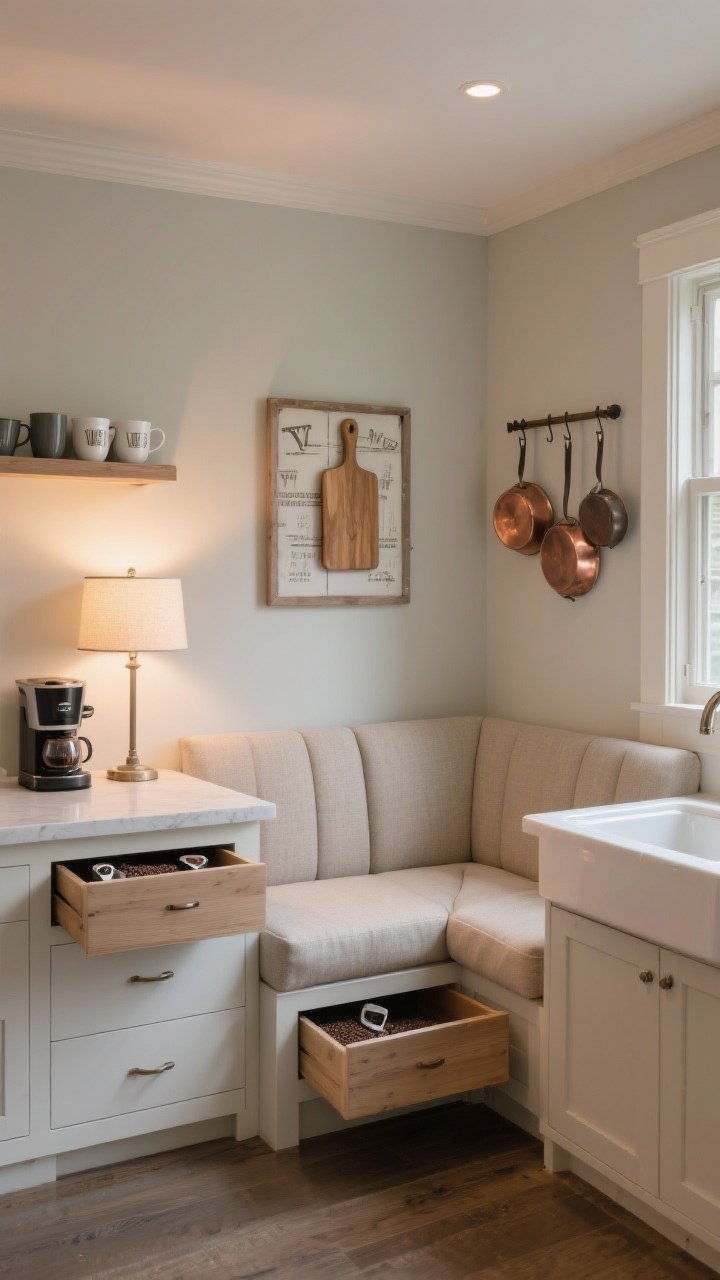 Cozy corner medium shot: built-in breakfast nook banquette wrapping a corner, upholstered in a neutral performance fabric cushion with storage drawers under the bench slightly ajar; a small coffee bar nearby with open shelf for mugs, a drawer for pods/beans, compact sink, and a peg rail displaying cutting boards and copper pans as farmhouse art; a small lamp on the counter casting a gentle evening glow; calm, welcoming mood, corner angle, photorealistic.
