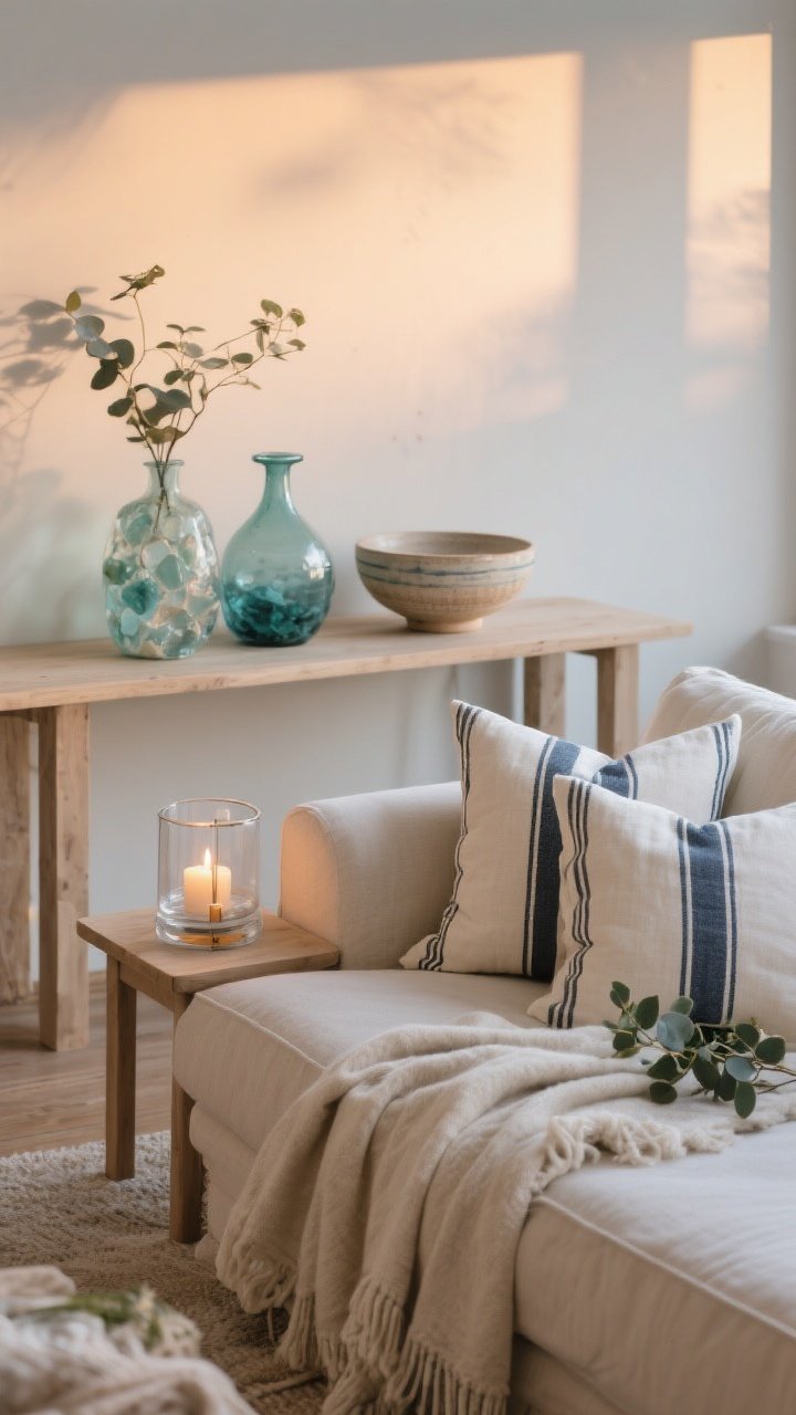 Cozy medium shot of coastal accents without kitsch: linen and ticking-stripe throw pillows in ivory, sand, and navy accents sparingly, sea-glass-inspired vases and a ceramic bowl on a slim light-wood console, clear glass hurricane with a candle, an oversized soft throw draped over the sofa arm, subtle eucalyptus diffuser; warm evening glow, calm and cohesive vibe