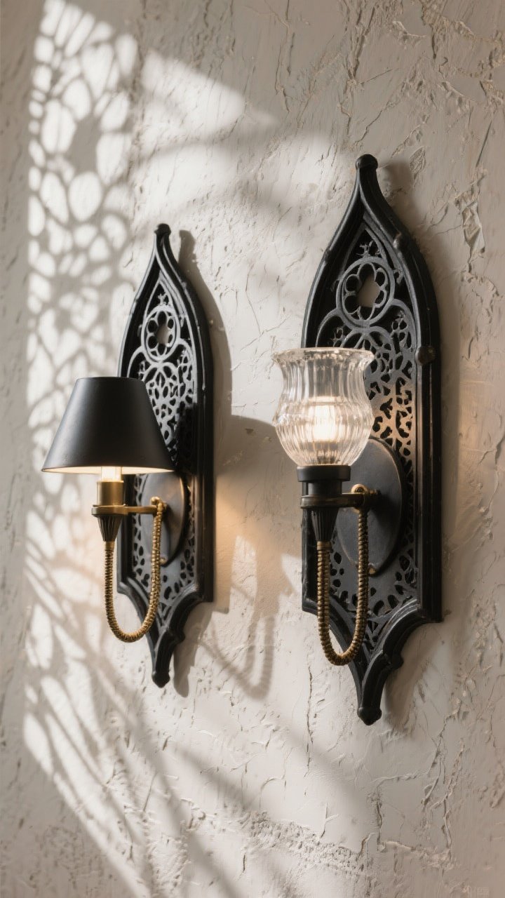 Detail closeup: A Gothic Revival wall sconce pair flanking a textured plaster wall, featuring pointed arch motifs, quatrefoil accents, and a filigree backplate; one sconce with an opaque metal shade creating directional, moody light, the other with frosted glass for a softer glow; laser-cut pierced metal throws patterned shadows across the wall, clearly visible; finishes consistent in matte black/blackened brass; cord cover option painted to match the wall subtly visible; photorealistic, angled side view emphasizing the shadow pattern and metalwork texture.