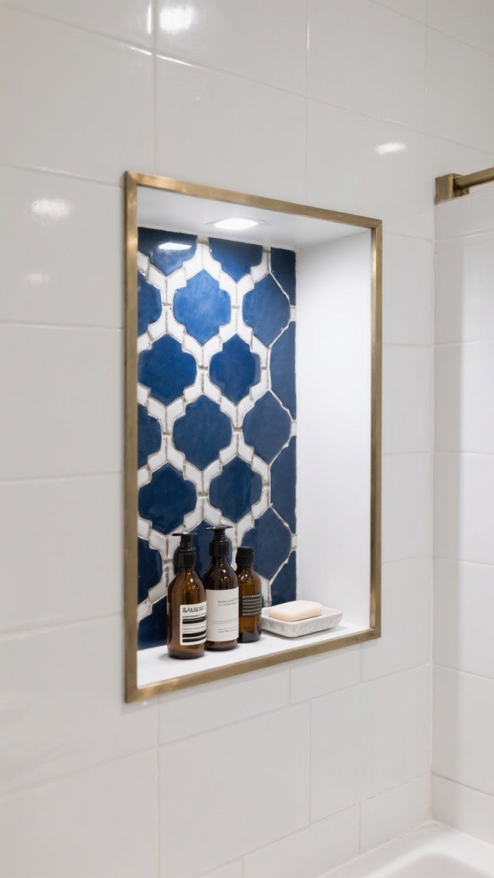 Detail closeup: A shower niche framed with slim brushed brass metal trim, inset with a contrasting patterned mosaic in navy and white that pops against surrounding plain white shower tile; neatly arranged bottles and a small soap dish echo the niche’s colors; bright task lighting creates a crisp, gallery-like micro-feature.