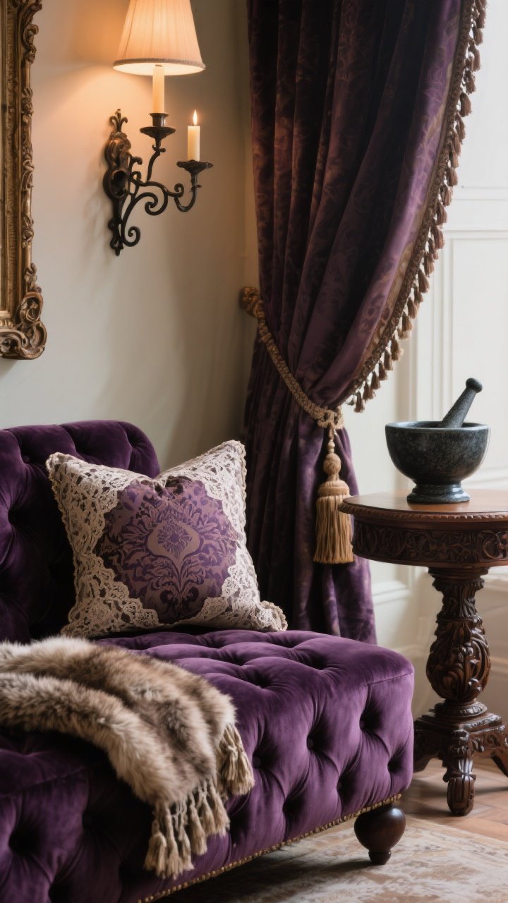 Detail closeup: A tactile vignette on a tufted aubergine velvet ottoman featuring a brocade pillow, lace-trimmed curtain edge draping into frame, and a faux fur throw layered over bouclé. Nearby, a carved dark wood side table with a baroque frame corner visible, wrought iron candle sconce with subtle patina, and a dark glazed ceramic footed bowl holding a mortar-and-pestle. Soft, warm lamplight skims surfaces to emphasize texture tiers: plush, structured, and detailed, with tassel fringe peeking in. No people, photorealistic.