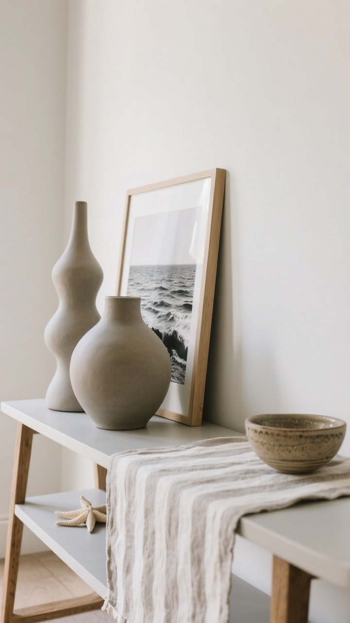 Detail closeup: An edited console surface styled intentionally. Rule of thirds: three objects of varied heights—an oversized sculptural ceramic vase (matte), a single coastal-inspired abstract photo print leaning behind (monochrome ocean tones), and a small handmade bowl. One hero object (the vase) takes center stage. Negative space is visible on the console and nearby shelf; no kitschy beach motifs. Soft stripes on a folded linen runner add a subtle coastal nod. Gentle daylight for a quiet, refined mood.