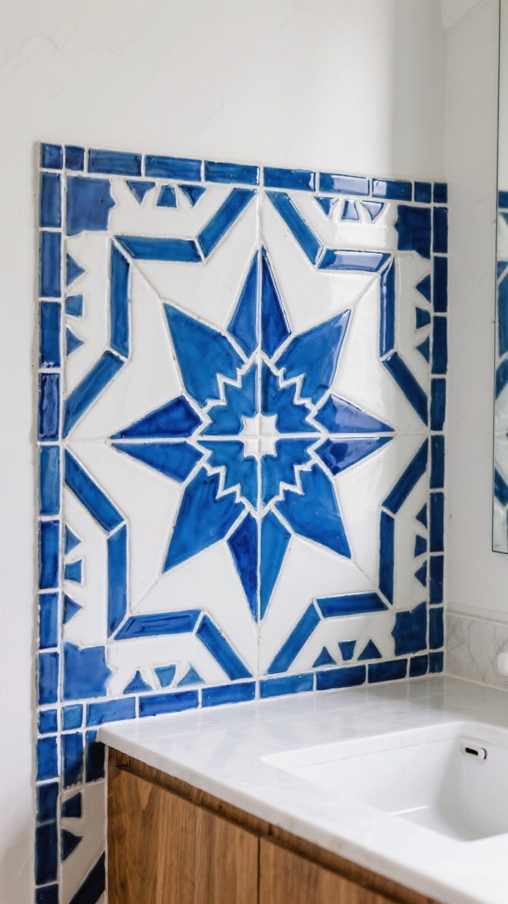 Detail closeup: Blue-and-white patterned ceramic tile feature—Moroccan-inspired starburst geometric on a statement wall behind a vanity—captured tightly to show crisp edges and squared-edge tile trims that keep borders clean; palette held to blue, white, and a hint of warm wood from a nearby matte white vanity with minimal hardware; even, soft lighting emphasizing pattern contrast without glare; photorealistic, straight-on texture shot.