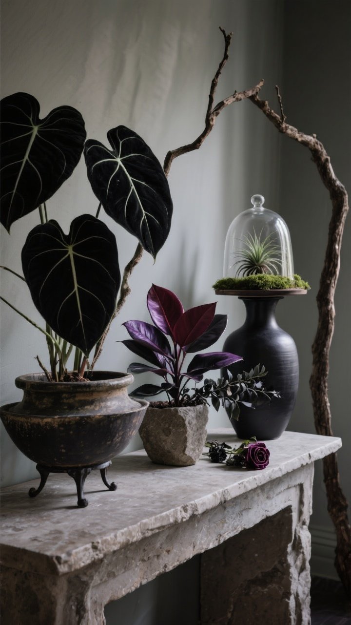 Detail closeup, botanicals on a stone-topped console: inky foliage lineup featuring black velvet alocasia with matte leaves and pale veins in a weathered ceramic urn, a Raven ZZ with glossy almost-black leaves in an iron footed bowl, and a burgundy rubber plant in a rough stone planter; an herbarium-style cloche with moss and an air plant, plus a small bundle of dried blackened eucalyptus and dried roses; a single oversized branch stands in a black ceramic vase just off-frame edge; low, diffuse light for a dusky, secret-garden-after-dusk feel, emphasizing textures and deep greens, purples, and blacks.