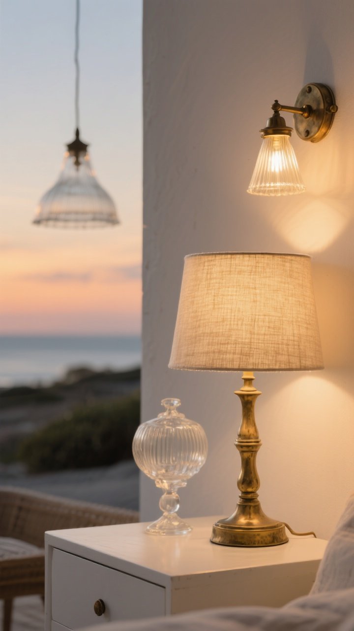 Detail closeup: Coastal lighting trio—aged brass table lamp with a natural linen shade casting a soft golden-hour glow on a white side table, a clear-glass pendant visible in the background, and a wall sconce softly layering light; warm, dim, sunset-like ambiance with gentle shadows for depth.