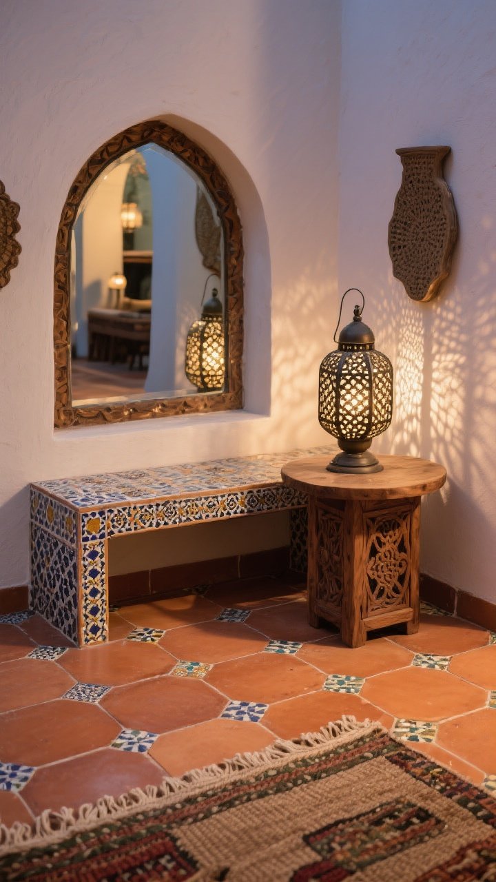 Detail/closeup corner shot, Mediterranean-meets-Moroccan mix: terracotta square floor tiles with scattered glossy zellige accents on a low side table or wall niche, carved wood side table, flat-weave outdoor rug breaking up the terracotta, arched mirror reflecting tile, pierced metal lantern casting patterned shadows; layered textures and earthy-luxe palette at dusk; photorealistic, no people.