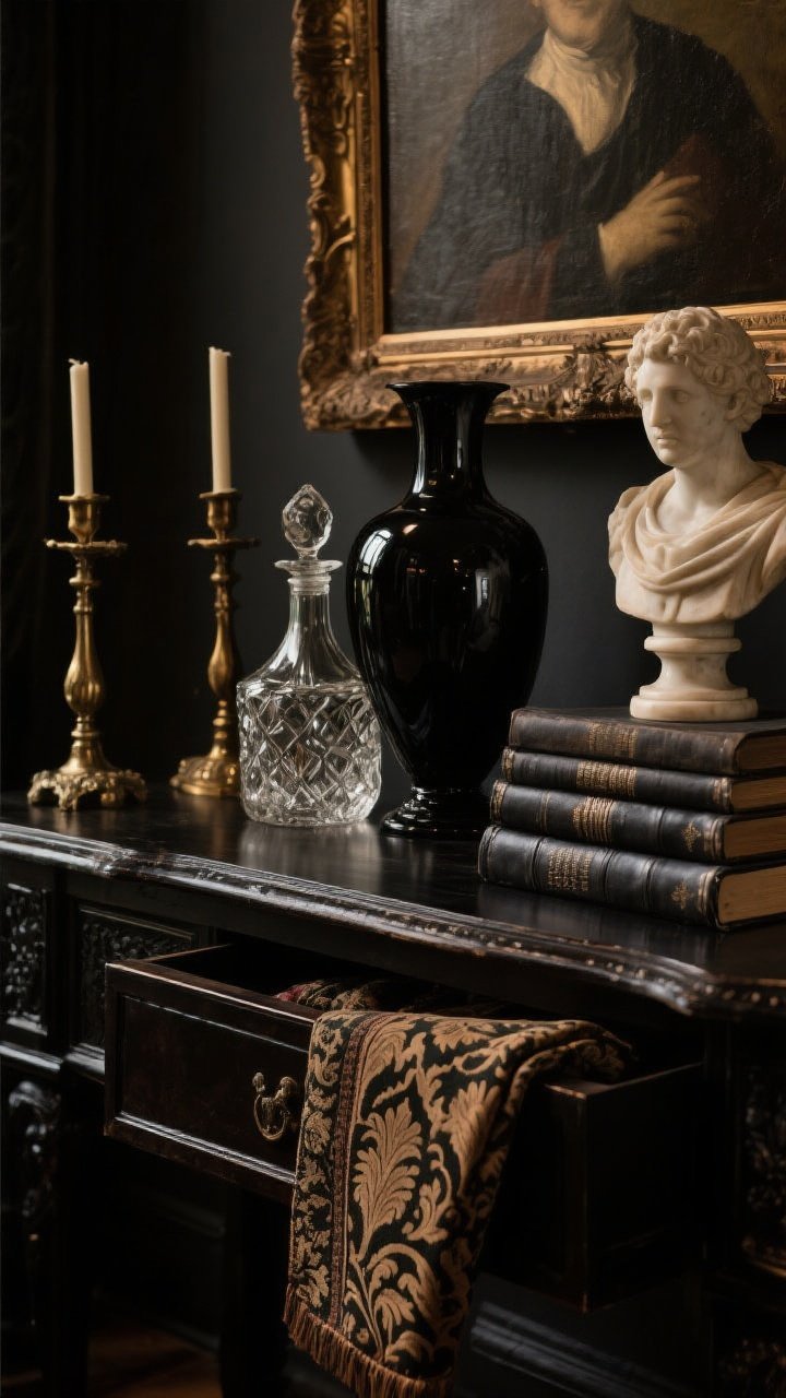 Detail closeup — Curated Gothic objects on a dark console: an oil portrait partially cropped, a black glass vase beside a crystal decanter, vintage brass candlesticks, and a small marble bust; a neat stack of leather-bound and dark-dust-jacket books; a folded damask textile and a strip of brocade pattern peeking from a drawer; tight, warm lighting to emphasize patina and texture; restrained color story so silhouettes stand out; no people.
