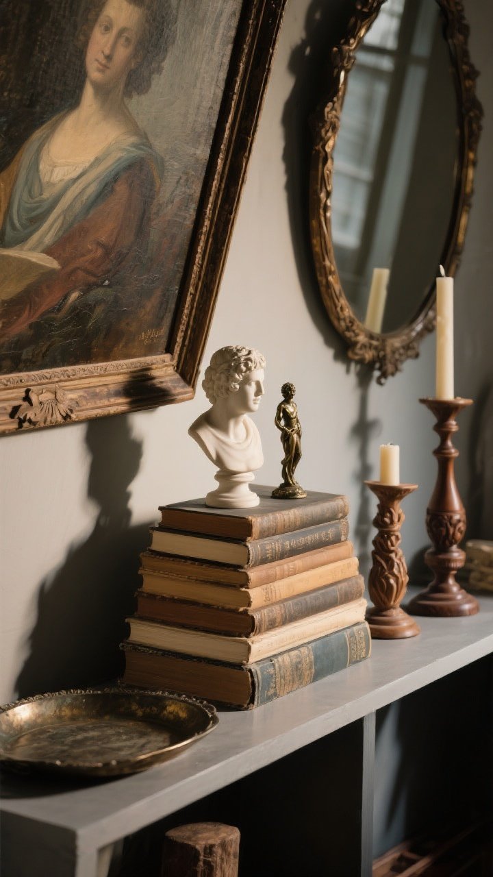 Detail closeup from a low angle emphasizing layered height, depth, and shadow: an antique oil painting leaned as backdrop, partially overlapped by a vintage mirror’s edge; stacked hardcover books used as a pedestal elevating a petite plaster bust and a small bronze figurine at different heights. Include carved wood candlesticks and a patinated metal tray to cast moody shadows. Side-lit, creating dramatic shadow play and depth; focus on edges, overlaps, and the dimensional layering rather than the whole shelf.