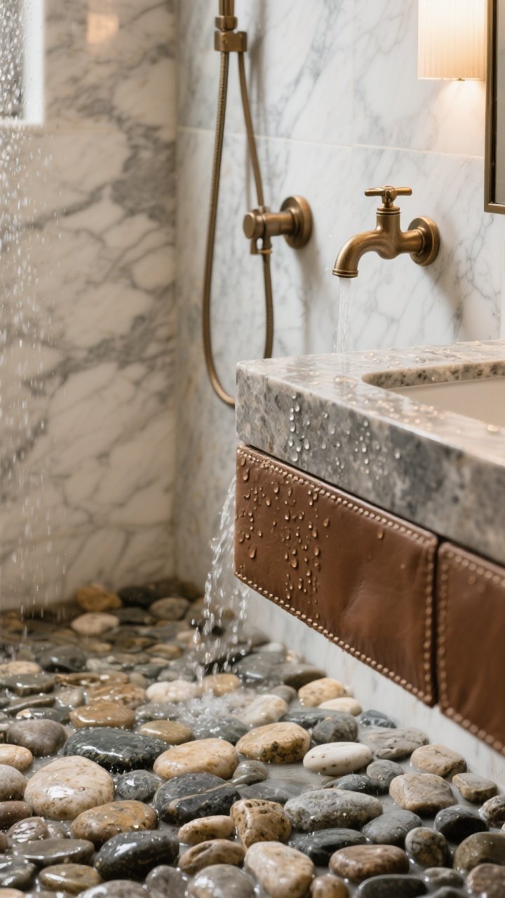 Detail closeup in a bathroom: tactile river-rock pebble shower floor transitioning to honed marble shower walls, water droplets beading on sealed stone. Leathered granite vanity edge visible at frame edge, with brushed brass wall-mounted faucet and aged bronze shower valve. Warm, spa-like lighting with soft highlights on the veining and pebbles, no people, crisp focus on textures and finishes. Photorealistic macro-style texture emphasis.