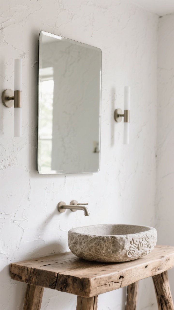 Detail/closeup: Minimal rustic vignette featuring crisp white limewashed wall with soft, chalky texture, a chunky natural wood vanity edge, and a hand-carved stone vessel basin as the focal point. A single oversized mirror edge reflected softly, slim linear pulls and narrow sconces in a restrained finish. Bright, natural daylight with gentle shadows for a gallery-like calm. High contrast yet serene, photorealistic.