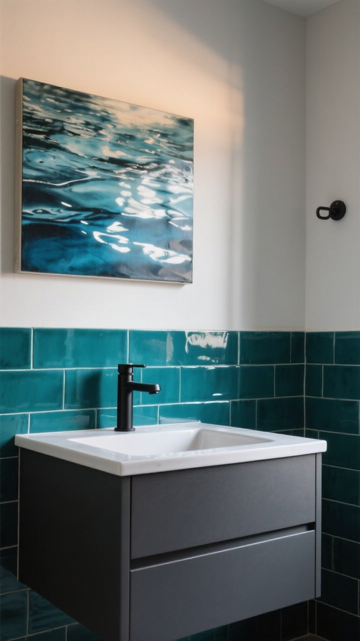 Detail closeup, modern bath materials: teal glazed tile wall meeting a charcoal matte vanity front with sleek lines, white painted wall above; matte black faucet and hardware; a piece of abstract art featuring watery blues reflected softly in warm, diffused lighting; overhead-leaning perspective, moody-meets-maritime.