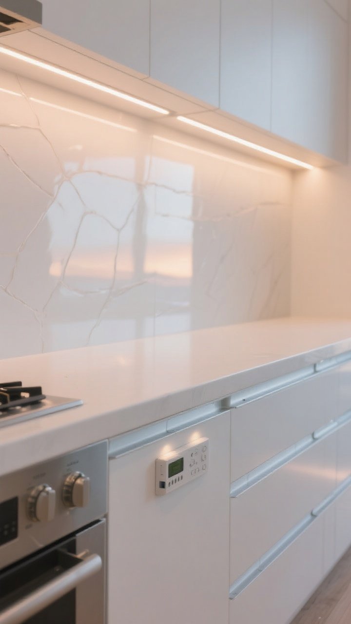 Detail closeup of a modern beach kitchen’s under-cabinet lighting: warm white LED strips (2700–3000K) concealed in aluminum diffuser channels washing a white backsplash and making white countertops glow like sunrise; toe-kick lights along the base offer a soft moonlit path; dimmable drivers visible in a neat control panel; clean, glare-free, photorealistic.