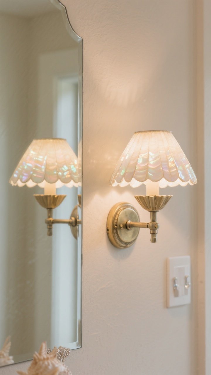 Detail closeup of a pair of seashell sconces flanking a coastal mirror: capiz shell scalloped shades with antique brass backplates, shimmering and diffusing light into a soft, pearly glow; brushed nickel hardware visible on the opposite wall for cohesion; subtle reflections dance on a pale sand-toned wall, jewelry-like effect, photorealistic, no people.