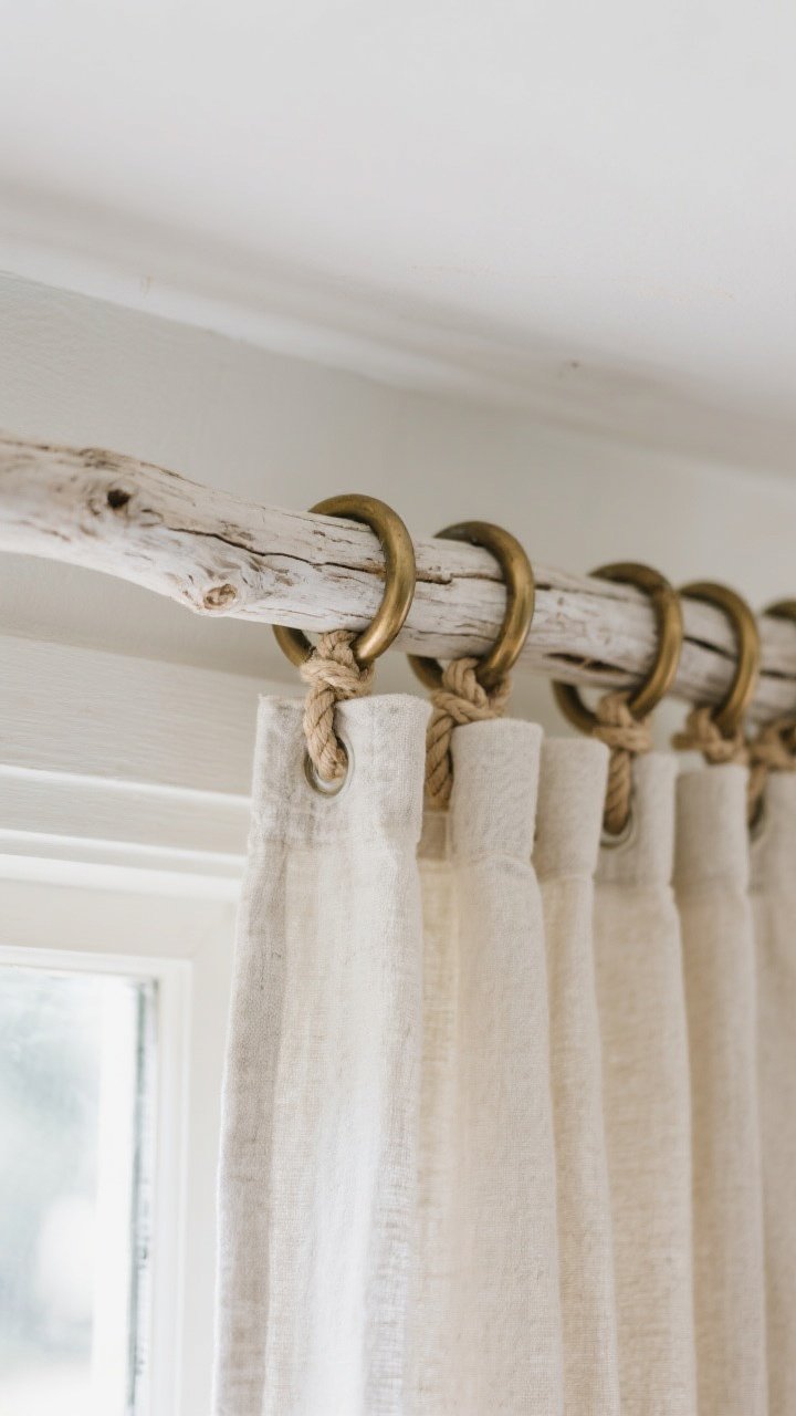 Detail closeup of coastal curtain hardware: a driftwood or whitewashed wood rod with matte brass rings and rope tiebacks, mounted above a window; texture-rich shot highlighting the natural grain, patina, and matte finish that hides fingerprints and dust; composition includes a glimpse of neutral fabric panel below, photographed at a slight corner angle to show chunky rod scale; soft natural daylight