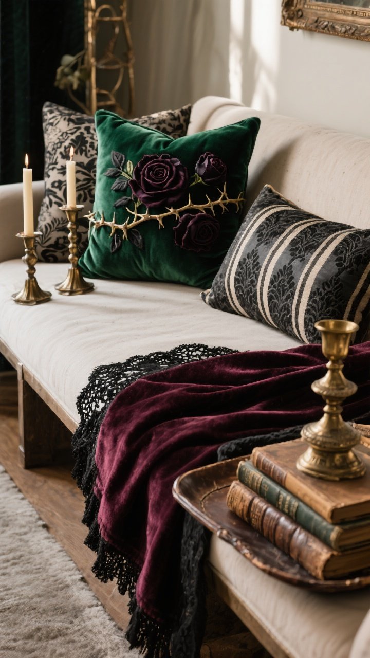 Detail closeup of layered textures on a sofa and console: emerald and onyx cotton-velvet pillows and a wine-colored velvet throw catching light, a narrow black lace runner draped over linen on the console edge, a worn leather tray holding a stack of vintage-bound books; antique brass and iron candleholders breaking up the soft surfaces; patterns include a sinister floral pillow with dark roses and thorny vines, a single damask cushion, and a thin charcoal-and-bone pinstripe lumbar; soft side lighting to reveal pile and weave; opulent, timeworn mood.