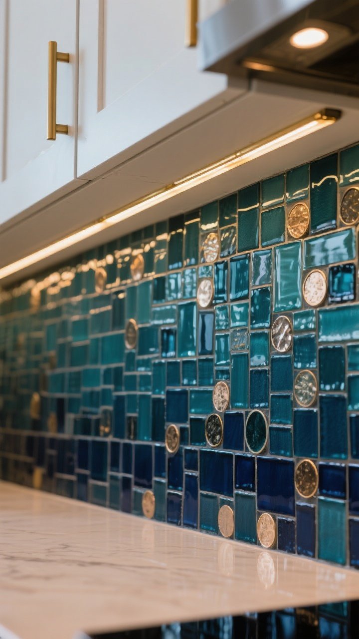 Detail closeup of moody mosaic tiles in deep teal and inky navy creating a subtle gradient band; warm LED strip lighting under the upper cabinets makes the glassy mosaic sparkle; schluter trim in brushed brass crisply finishing the edges; mixed shapes—penny rounds transitioning into slim rectangle mosaics—adding depth; shot from a low angle along the backsplash to emphasize glow and texture, photorealistic.