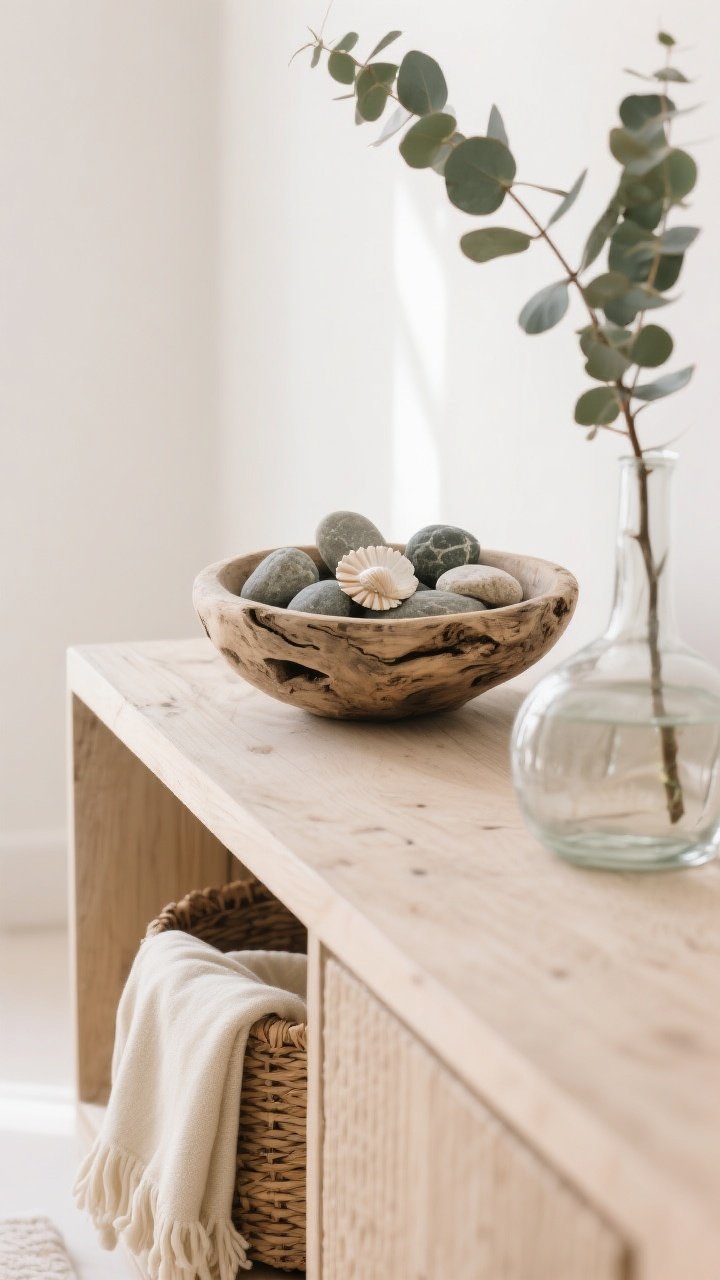 Detail closeup of organic accents: a driftwood bowl filled with a restrained mix of smooth stones and a few shells on a light wood console, a eucalyptus branch in a clear glass vase, woven basket beneath holding a folded cream throw; soft natural light, clean background, fresh, breezy mood