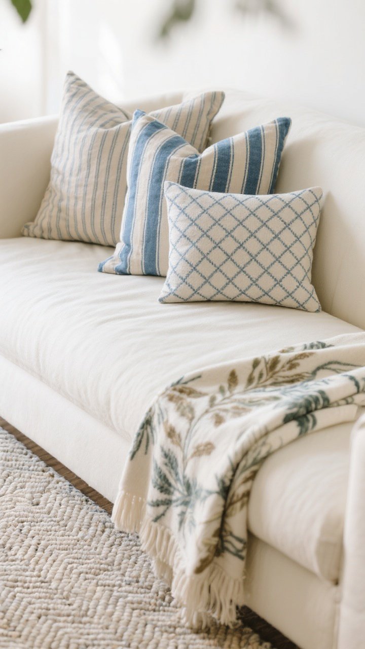 Detail closeup of pattern mix on a solid cream sofa: striped blue-and-sand pillows, a botanical throw in muted tones, and a small-scale soft geometric pillow (pin check/block print) in blue-gray; background shows a subtle diamond/herringbone flatweave rug out of focus; gentle natural light, two-to-three patterns, calm palette