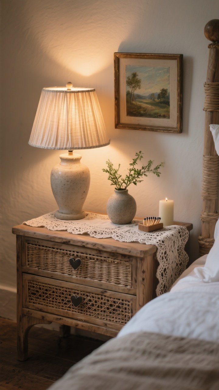 Detail closeup of styled nightstand with function and heart: a cane-front rattan bedside drawer unit topped with a lace/linen runner, a ceramic lamp with a pleated linen shade casting warm light (warm bulb glow), a tiny framed oil landscape leaning against the wall, a small stoneware bud vase holding a sprig of greenery, and a match striker beside a simple candle; textures of wood grain, fabric pleats, and lace visible; intimate evening ambiance; photorealistic, no people.