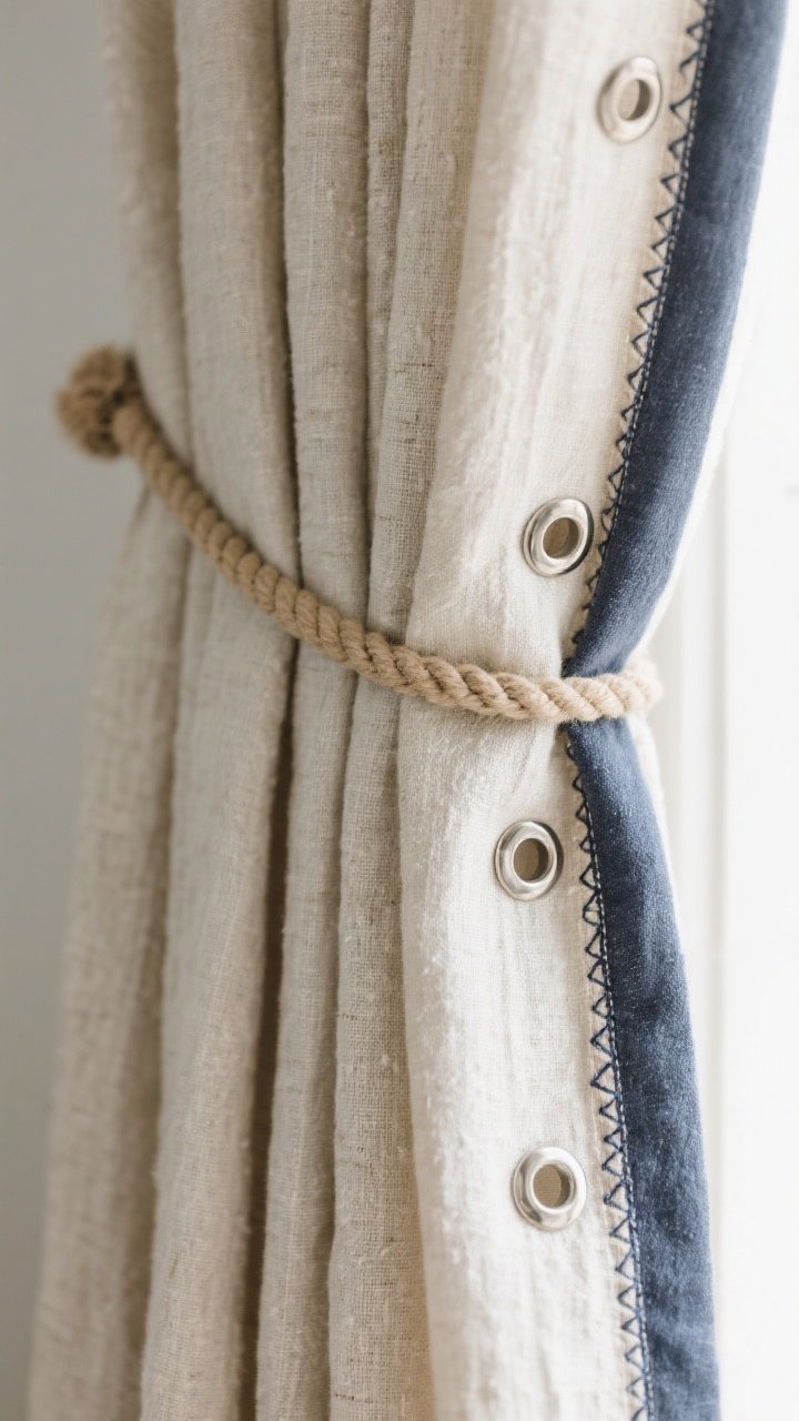 Detail closeup of subtle nautical accents on curtains: matte nickel grommet tops, a single rope tieback, and a neat whipstitch edge along the leading edge with contrast banding in navy or sand; minimal motif—only one nautical element in frame; neutral curtain fabric with coastal texture; soft side lighting to reveal stitching and material quality; no themed clutter