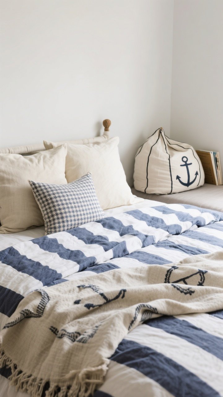 Detail closeup of textiles on a bed: a dominant navy-and-white striped duvet as the hero pattern, paired with solid sand and cream pillows plus a small-scale check accent pillow; cozy layers including a linen throw and a sailcloth-style bean bag tucked by the reading nook edge; consistent color story (navy, white, neutrals) without anchor prints; soft diffused daylight accentuating fabric weave and texture, relaxed and unfussy.
