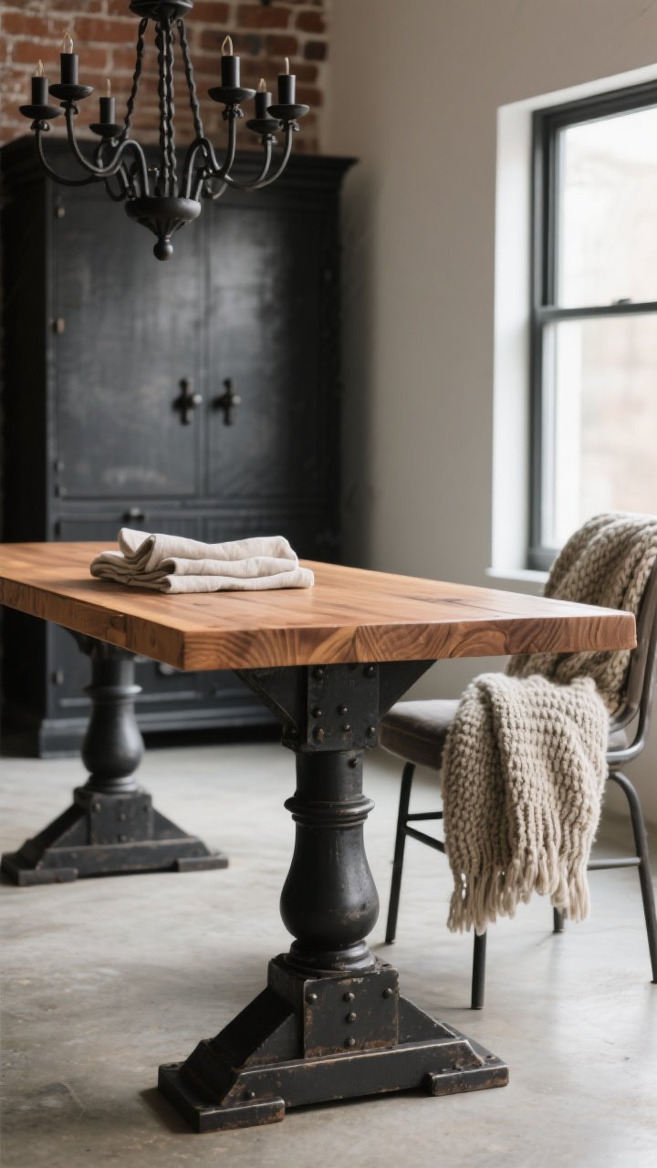 Detail closeup, side angle: An industrial-farmhouse table with a thick warm wood top and a black metal base, showing the tactile contrast between grain and metal. In the blurred background, black or iron repeats in a matte chandelier and cabinet pulls, with brick or concrete floor texture visible. Soft elements nearby—folded linen napkins and a chunky knit throw draped over a chair—balance the harder materials. Soft window light with gentle shadows; photorealistic material contrast emphasis.