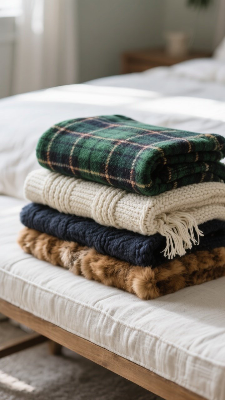 Detail closeup, stacked textiles on a bedroom bench: a Texture Trio with plaid on top, chunky knit beneath, and linen layer visible; alternate version shows plaid with faux fur for winter luxe; color palettes shown as sets: forest green + cream + charcoal and navy + camel + white; bold plaid pattern balanced by muted solid supporting textures; a hint of fringe exposed for movement; tight composition, shallow depth of field to emphasize weave and fibers, soft morning light creating gentle shadows.