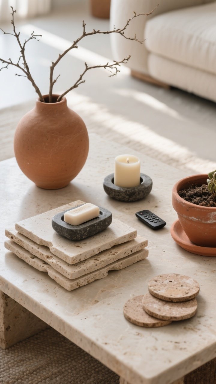 Detail closeup: Stone, clay, and ceramic styling on a coffee table—stacked travertine trays organizing a remote, coasters, and a candle in a small soapstone holder; an unglazed ceramic vase with organic, rounded form holds airy branches; a terracotta planter nearby shows a soft mineral patina. Mix matte clay with a glossy ceramic accent and pair light travertine with a dark basalt object for balanced contrast. Soft, diffused daylight grazes the surfaces to reveal weight and texture. Overhead perspective emphasizing material interplay and patina.
