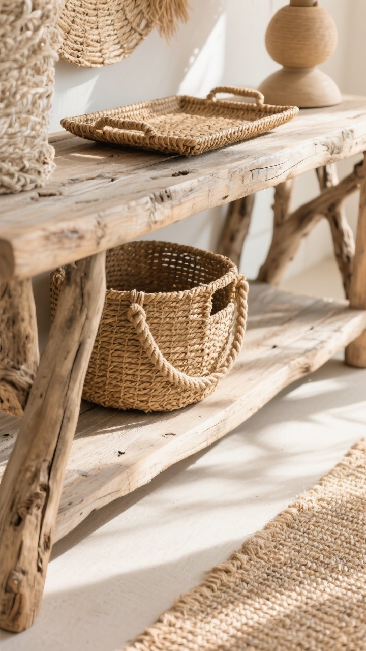 Detail closeup: Textural collage on a sun-bleached wood console—weathered driftwood finish, rattan tray, seagrass basket tucked below, and a rope-handled lamp base; jute rug edge visible in foreground; warm natural afternoon light raking across the surfaces to emphasize tactile woven textures and light wood tones.
