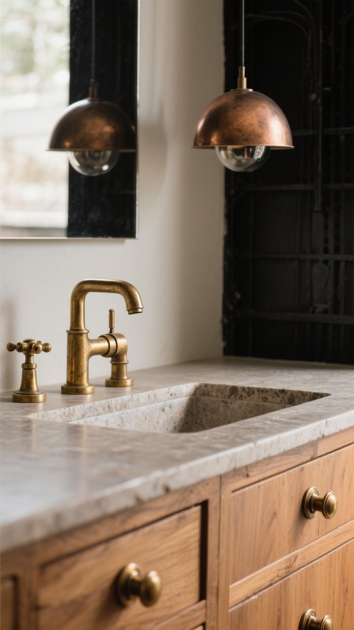 Detail closeup: Vintage metals with modern function. Aged brass knobs and cup pulls on warm wood drawers, a bridge faucet in unlacquered brass with a gentle patina at a stone sink, and a bronze dome pendant overhead reflected softly on a matte surface. Blackened steel accent visible in the background. Emphasize warm, non-shiny finishes and tactile metal aging in natural, indirect light.