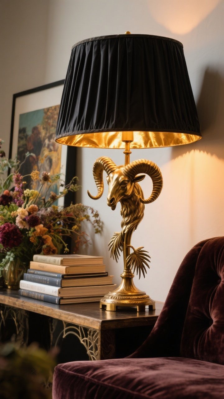 Detail/closeup: Whimsical vintage brass lamp as a conversation piece. Focus on a sculptural brass base with palm fronds or a ram head beside a velvet chaise, topped with a pleated silk shade or black parchment shade with gold foil lining. Warm bulbs at 2700K–3000K enhancing the brass’s glow. Style with stacked art books and a wild floral arrangement on a console; rich textures (velvet, silk, polished brass). Intimate, dramatic lighting, no people, photorealistic.
