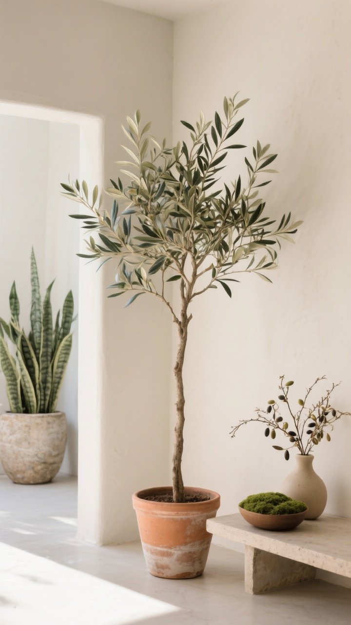 Detail/medium hybrid: A single impactful statement plant styled simply—tall olive tree (faux or real) in a raw terracotta pot with light patina, placed beside a low shelf featuring a moss bowl and a small bunch of dried olive branches in a neutral vase. Alternative low-maintenance plants (ZZ or snake plant) appear in the background in raw ceramic or stone planters, but keep focus on the anchor plant to avoid clutter. Natural daylight, warm and soft, highlights leaf shape and pot texture. Corner angle to capture height, negative space, and calm.
