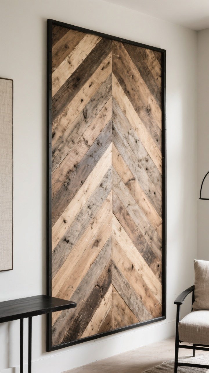 Detail/medium shot, mixed-tone chevron wall: reclaimed wood installed in a tight chevron pattern using narrower boards; gradient mix of light and dark tones creating movement; thin trim border framing the panel for a tailored look; adjacent elements kept clean—smooth plaster wall, neutral textiles, black metal accents (a slim black console or chair edge in frame); sharp, crisp mitered joints with no splinters; soft directional lighting to highlight the V-pattern; straight-on view emphasizing symmetry, photorealistic.