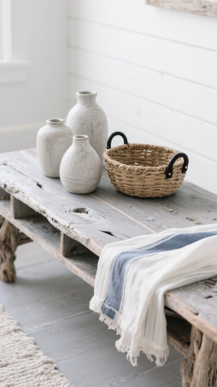Detail overhead of a coffee table styling on a driftwood-toned surface: gray-washed oak or bleached wood console/coffee table, stonewashed linen napkin in off-white and soft navy draped casually, gauzy sheer fabric edge visible, ceramic vases with chalky finishes, woven basket element, matte black hardware piece for contrast; white wall with a whisper of gray in background; subtle, airy, weathered coastal patina; photorealistic, no people.