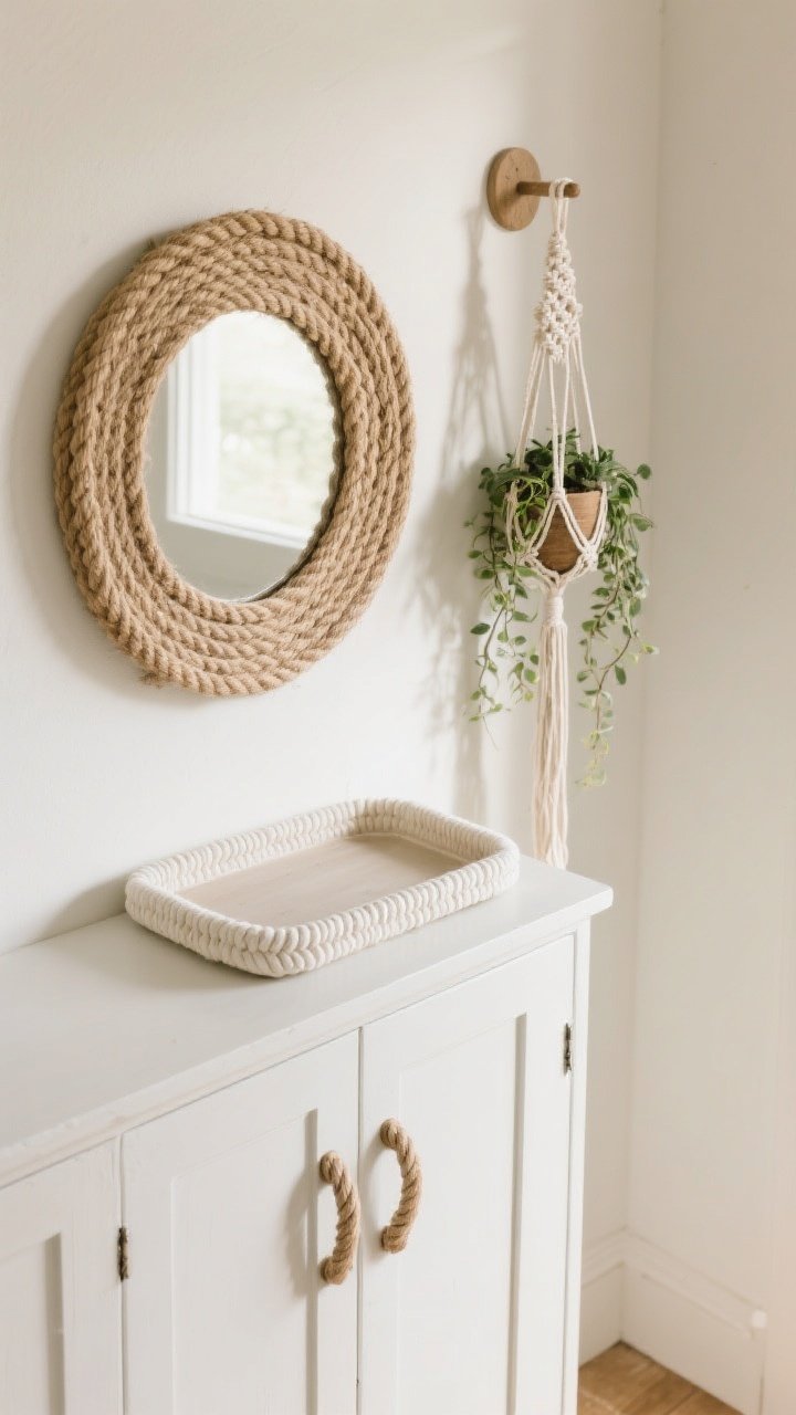 Detail overhead shot focusing on rope textures: a round mirror wrapped in natural jute rope on a soft white wall, below it a simple tray with its edge neatly wrapped in cotton rope; nearby a pair of DIY rope cabinet pulls on a painted mudroom cabinet door; a hanging macramé plant holder with trailing greenery; palette of natural jute and cotton off-whites with subtle shadows; balanced, tactile, photorealistic texture study without rope on lighting.