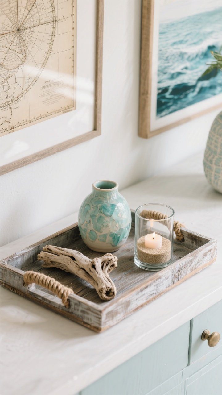 Detail overhead view of chic coastal decor without clichés: weathered wood tray holding a ceramic vase in sea-glass tones, a piece of driftwood, and a hurricane vase with a layer of sand and a candle; nearby wall shows a framed vintage nautical map and an abstract ocean print edge; rope-wrapped accent visible on a handle; soft indirect daylight, photorealistic.