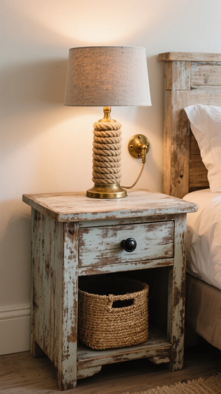 Detail shot: A weathered wood nightstand with aged brass hardware beside a bed, styled with a rope-wrapped table lamp and a small seagrass basket underneath for storage. The tabletop shows a faint patina, a matte black knob on a drawer, and a brass sconce visible on the wall edge. Materials highlighted: weathered wood, rope, brass, seagrass. Warm, cozy lighting to emphasize the authentic maritime materials; photorealistic.