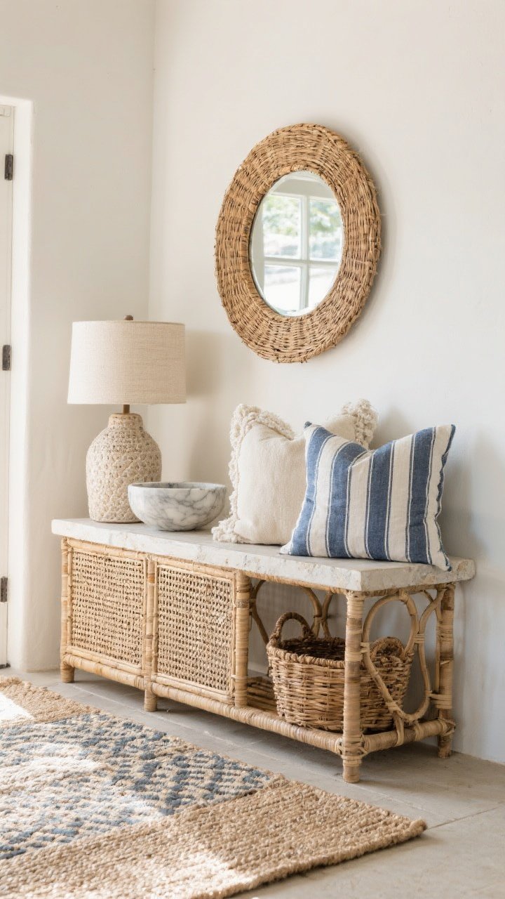 Detail shot, corner angle: Layered natural textures in a coastal entry. A jute base rug with a smaller patterned flatweave layered on top; a cane-front console supports a textured ceramic lamp beside a travertine catchall and a marble bowl. A round rattan mirror hangs above, with a wicker basket below repeating the woven motif. On the bench, a striped linen cushion in blue-and-white sits next to nubby pillows in cream, sand, and soft navy. Focus on the tactile contrast of woven, stone, ceramic, and linen; soft daylight.