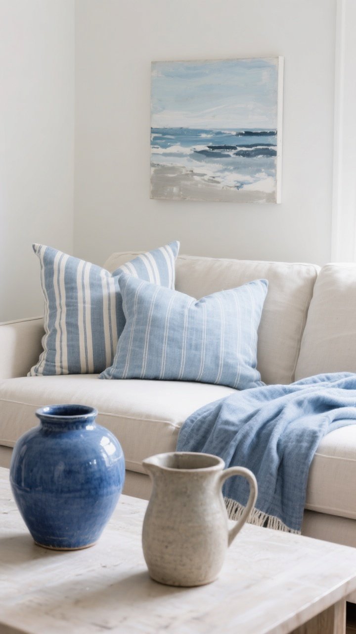 Detail shot of accents: Muted blue textiles layered on a neutral sofa—striped pillows (ticking and chambray), a chambray throw draped casually. On the wall, a small coastal abstract in soft blues and grays; on the coffee table, an indigo-glazed ceramic vase and a stoneware pitcher. Keep the ratio visually 70% neutrals, 20% textures, 10% blue accents. Soft afternoon light, balanced and not overly nautical.