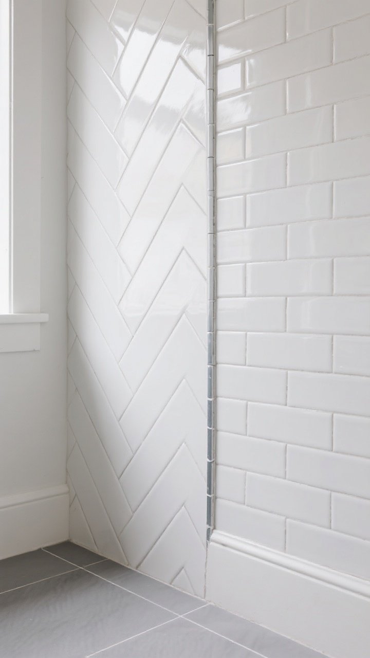 Detail shot: Same white subway tile used in two orientations to create contrast—one section laid in herringbone, the adjacent section in a vertical stack, separated by a slim schluter strip. Include a diagonal-set porcelain floor in a soft gray to subtly expand the space. Clean grout lines, satin sheen. Bright, even task lighting. Tight, angled closeup focusing on the directional shift and border flip that frames a field tile rotated 90 degrees.