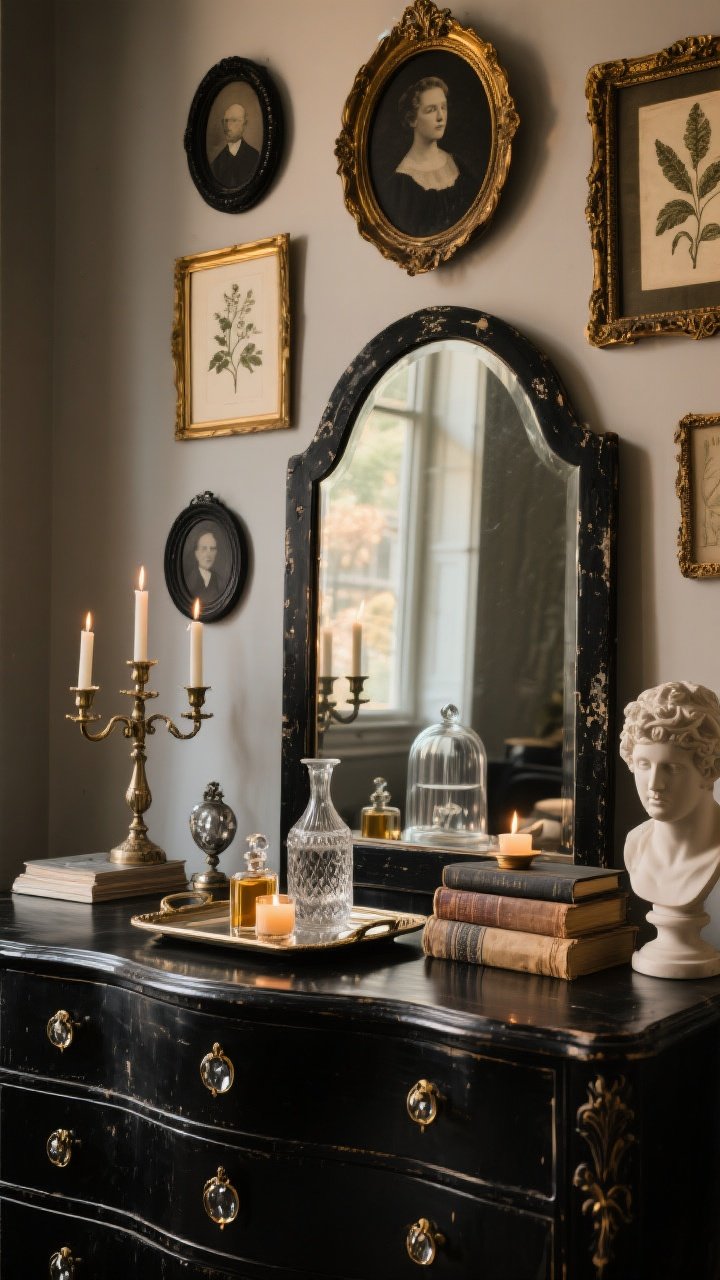 Detail vignette of ornate styling on a dresser “altar”: an oversized arched mirror in distressed black leaning above the dresser, reflecting warm light; a curated mix of vintage portraits and botanical prints in oval and rectangular frames of black, brass, and pewter; black crystal or antique brass knobs on the drawers; a cluster of candelabras, a glass cloche over a small object, stacked worn books, and a small classical bust. Include a ritual tray with a glass carafe, perfume bottle, and a candle. Warm, moody lighting with gentle highlights on gilded/metal edges; photorealistic, no people.