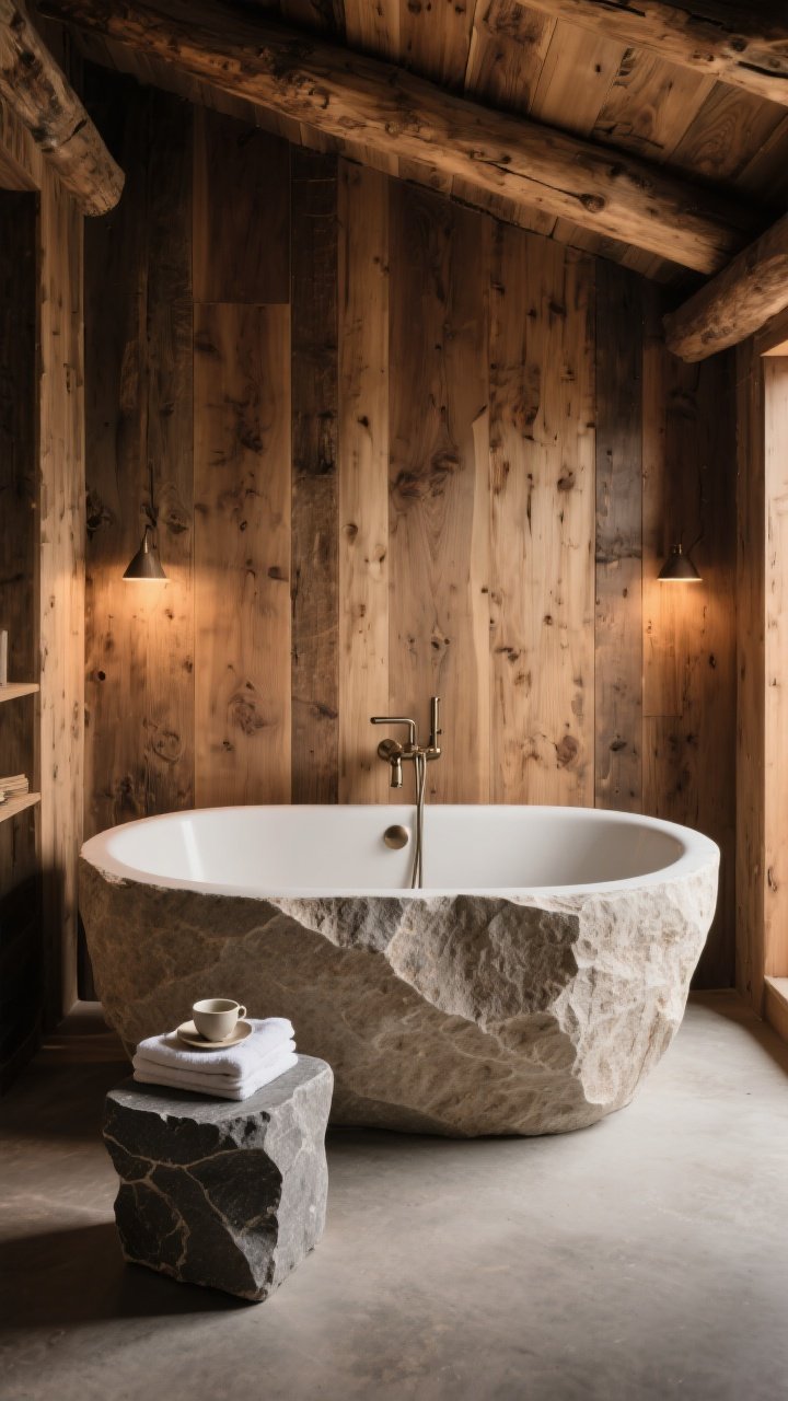 Dramatic wide focal shot: A carved stone freestanding bathtub in a neutral stone (limestone/travertine/basalt) centered before a planked wood wall; exposed ceiling beam overhead for rustic lodge character. Floor-mounted tub filler in a complementary finish and a small stone slab stool holding folded towels and a tea cup. Balanced warm ambient lighting accentuating the tub’s smooth surface against the wood grain. Boutique spa luxury, photorealistic.