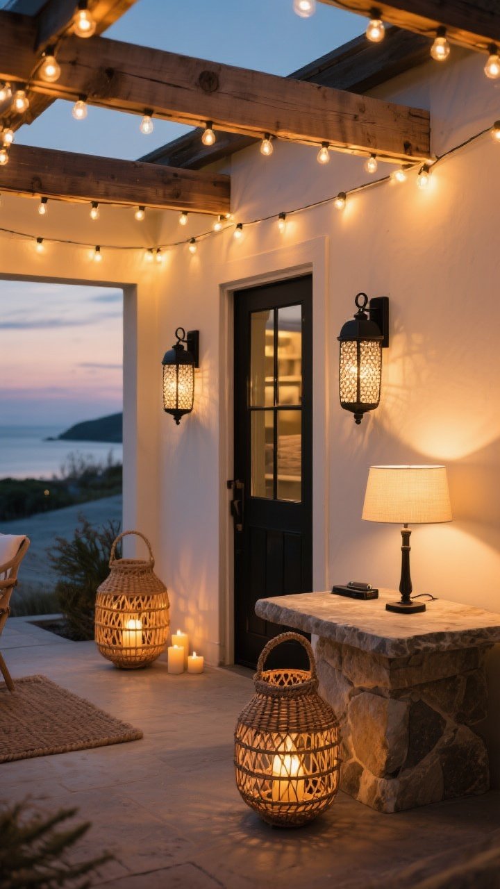 Evening wide shot of layered coastal lighting: warm 2700–3000K glow from bistro string lights draped across beams, woven rattan lanterns with LED candles on the floor, nautical-style black wall sconces with seeded glass flanking a doorway, and an outdoor-rated cordless table lamp on a stone-topped table; balanced ambient, task, and accent lighting for a golden-hour feel, photorealistic.