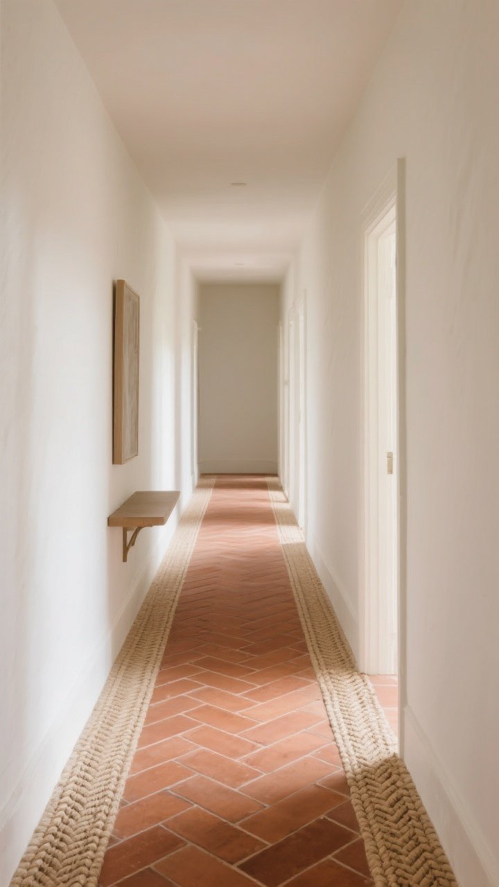 Hallway medium-long view: Terracotta planks (3x12) laid in a herringbone pattern running down a long, narrow corridor to visually elongate the space. Warm white parchment-toned walls, a coordinated woven runner echoing the herringbone motif, and a simple console. Warm beige grout that blends elegantly with the tiles; soft morning light grazing across the floor to reveal movement and texture, photorealistic, no people.