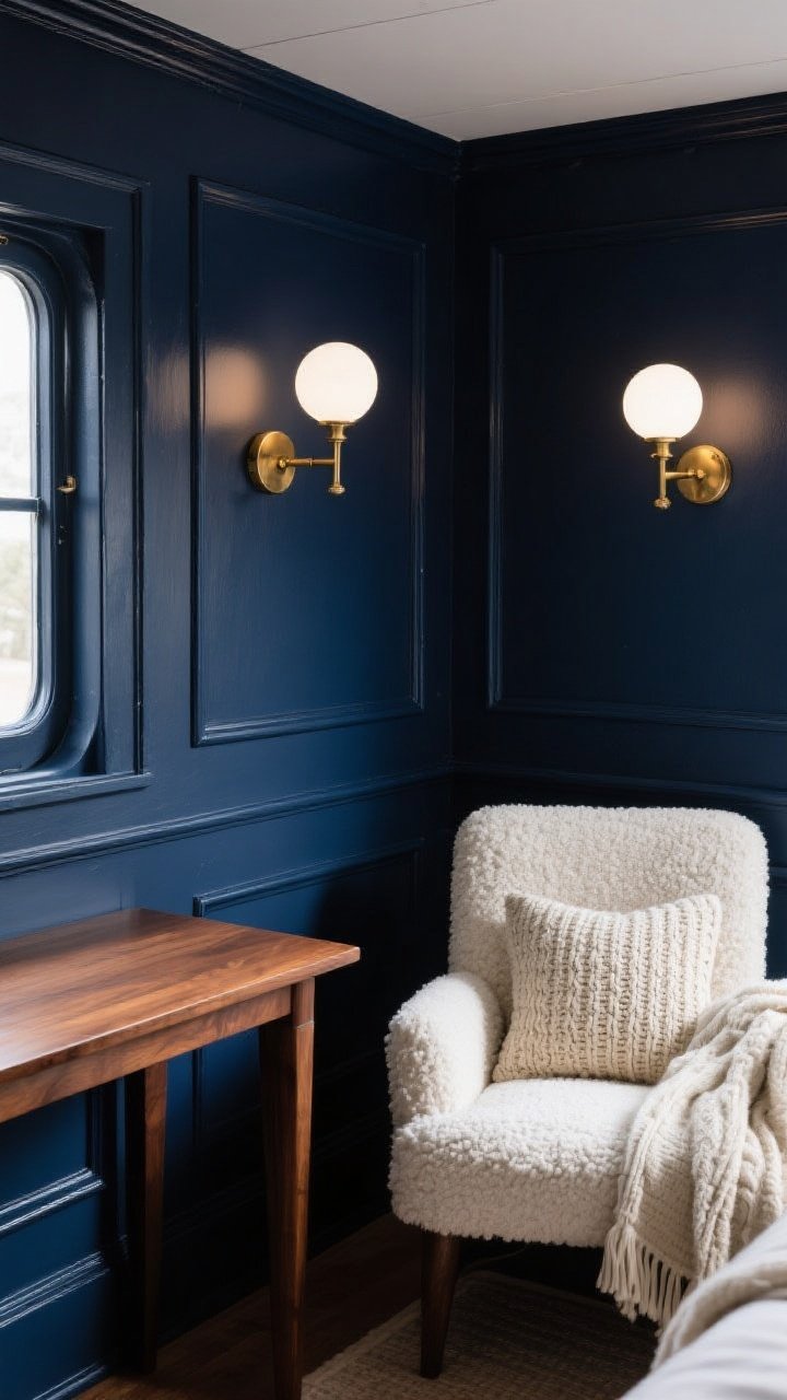 Intimate corner angle of a moody captain’s quarters: saturated matte navy walls with matching navy-painted trim, warm white bulbs casting a cozy glow, brass sconces on the wall, rich walnut or teak console with simple silhouette, off-white bouclé accent chair, wool throw and chunky knit pillow, a balanced play of deep navy, natural wood, and creamy white; cocoon-like atmosphere; photorealistic, no people.