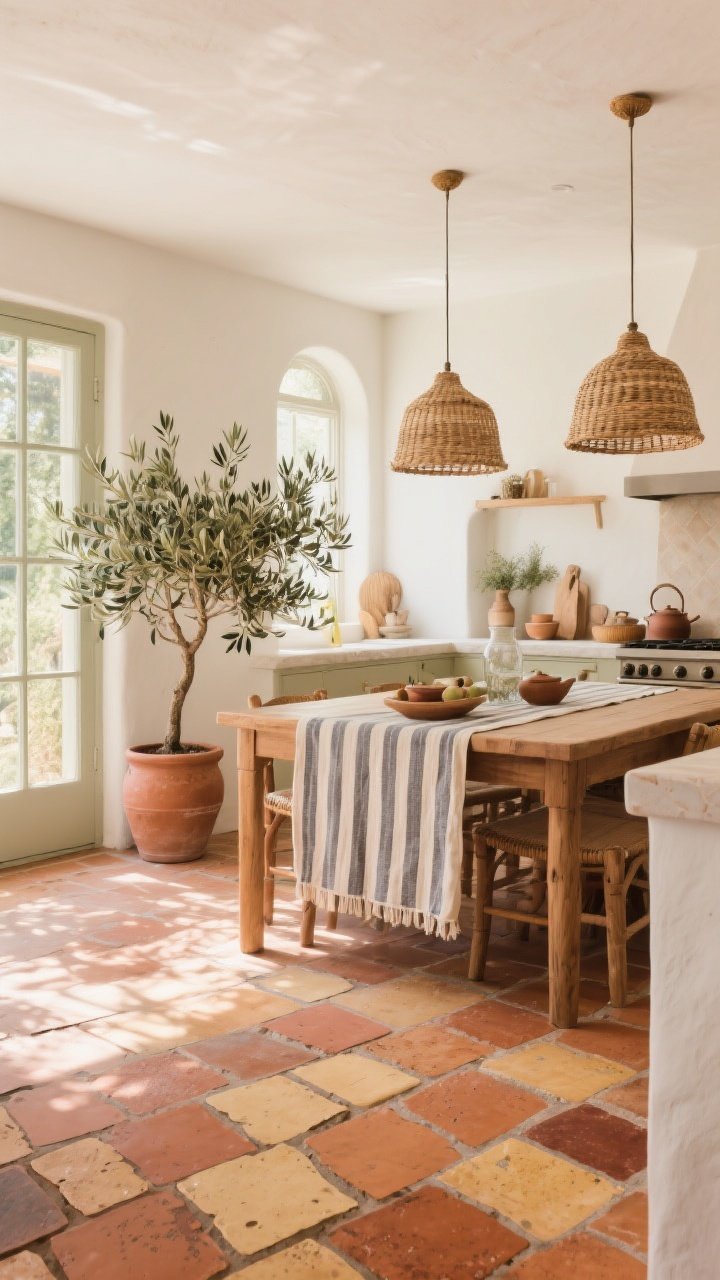 Kitchen/dining wide shot: Handcrafted Saltillo terracotta tiles with irregular edges and high variation from butterscotch to ember, showing gentle softness underfoot and a sun-kissed patina. Space styled with woven pendant lights, striped textiles (tea towels and runner), and an olive tree in a clay pot. Warm, bright daylight pouring in to enhance color variation; surfaces subtly sealed (penetrating + topcoat look) with a natural sheen, photorealistic, no people.